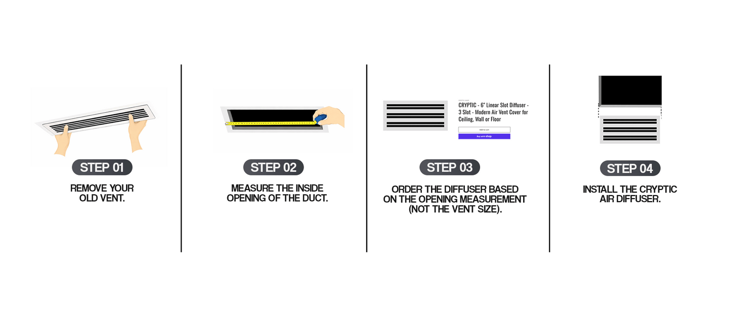 Step-by-step guide to installing the CRYPTIC 14" Linear Slot Diffuser, with tips and illustrations for quiet, modern airflow.