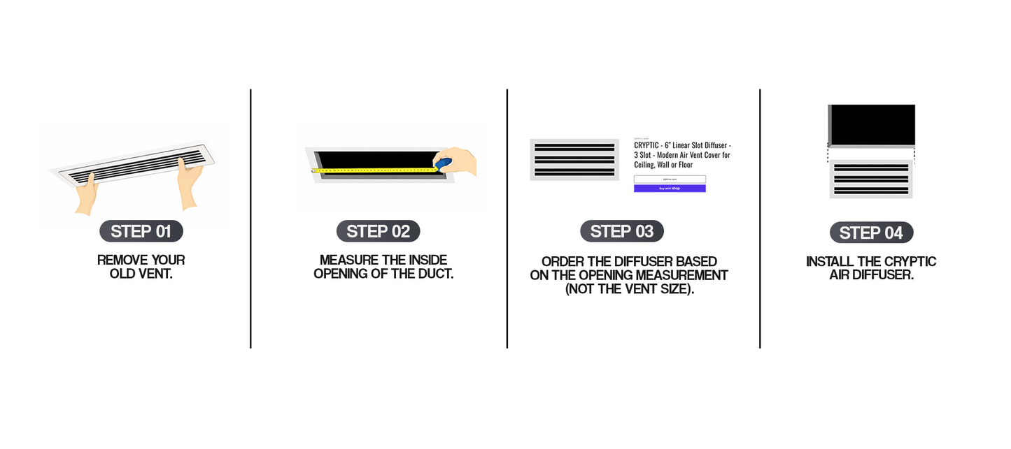 Four steps show how to install Cryptic Air's 4" Linear Slot Diffuser, a modern vent cover for ceiling, wall, or floor.