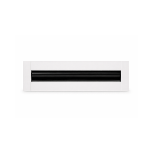 CRYPTIC 2" Linear Slot Diffuser by Cryptic Air, white with black grille, for ceiling, wall or floor use.
