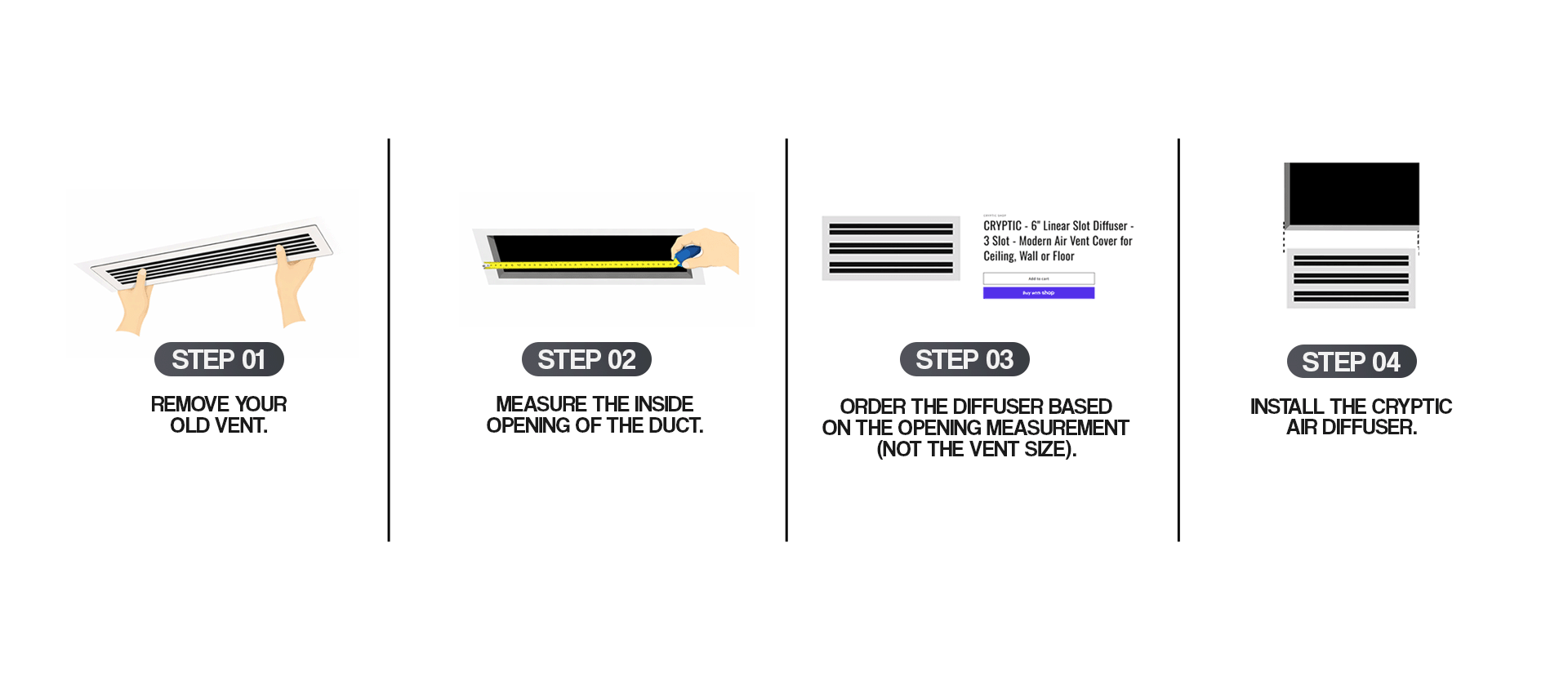 Cryptic Air installation guide for linear slot diffusers, four-step setup for modern AC vent cover on ceiling, wall, or floor