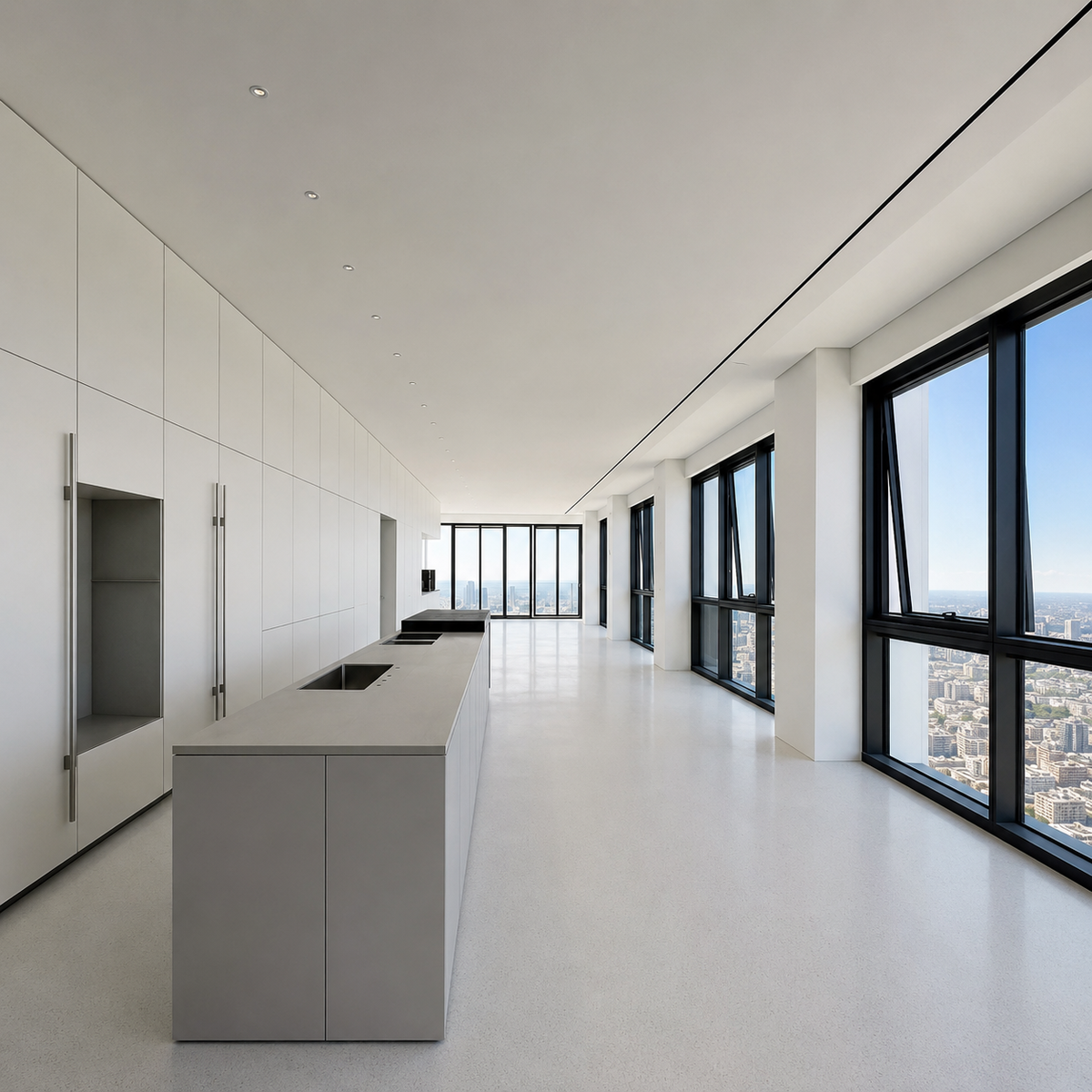 Minimalist kitchen with large windows, city views, neutral tones, and a Cryptic Air mud-in linear slot diffuser.