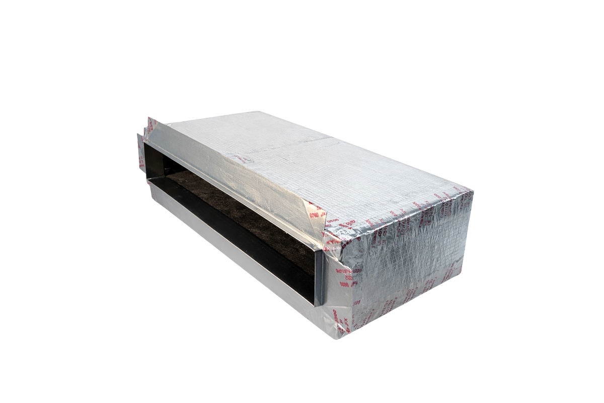 Cryptic Air R6 insulated plenum box for linear slot diffusers, fiberglass-wrapped HVAC duct component