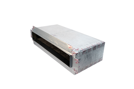 Cryptic Air R6 insulated plenum box for linear slot diffusers, fiberglass-wrapped HVAC duct component