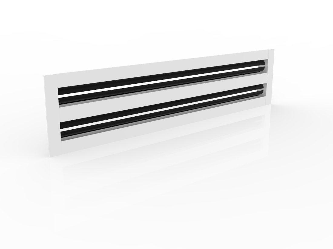 The Cryptic Air 16"x4" 2-slot linear diffuser is a modern, white aluminum vent cover with black slats.